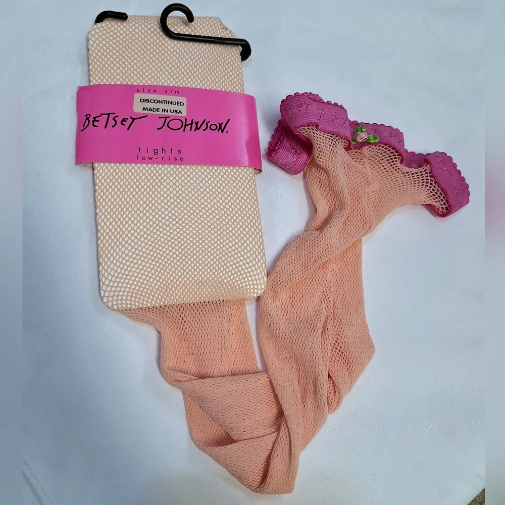 Vintage Betsy Johnson Tights Low-Rise Pink Peach FishNet Stocking Discontinued